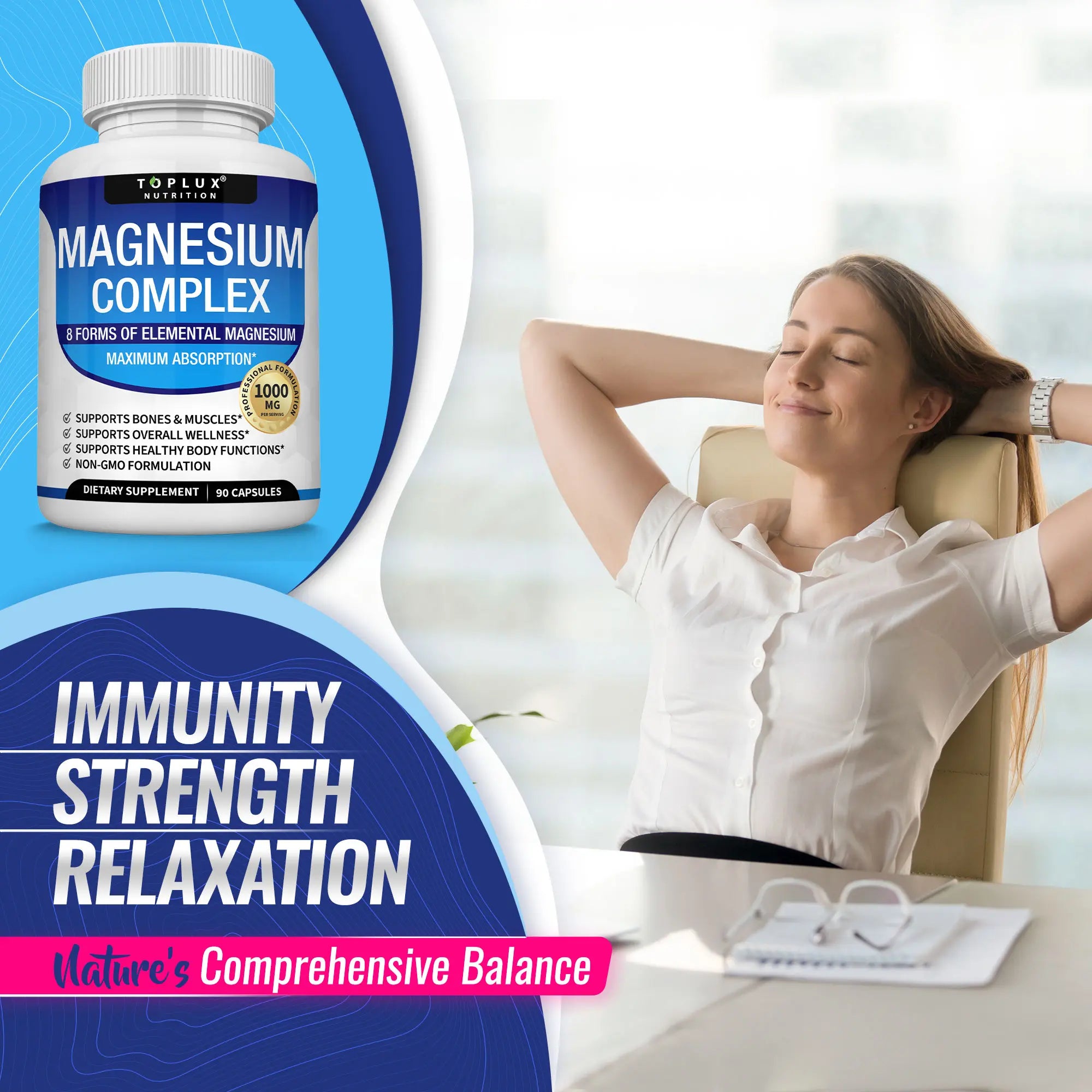 Elevate Your Wellness with Toplux Magnesium Complex - 8 Essential Magnesium Forms in One Powerful Capsule (1000mg)