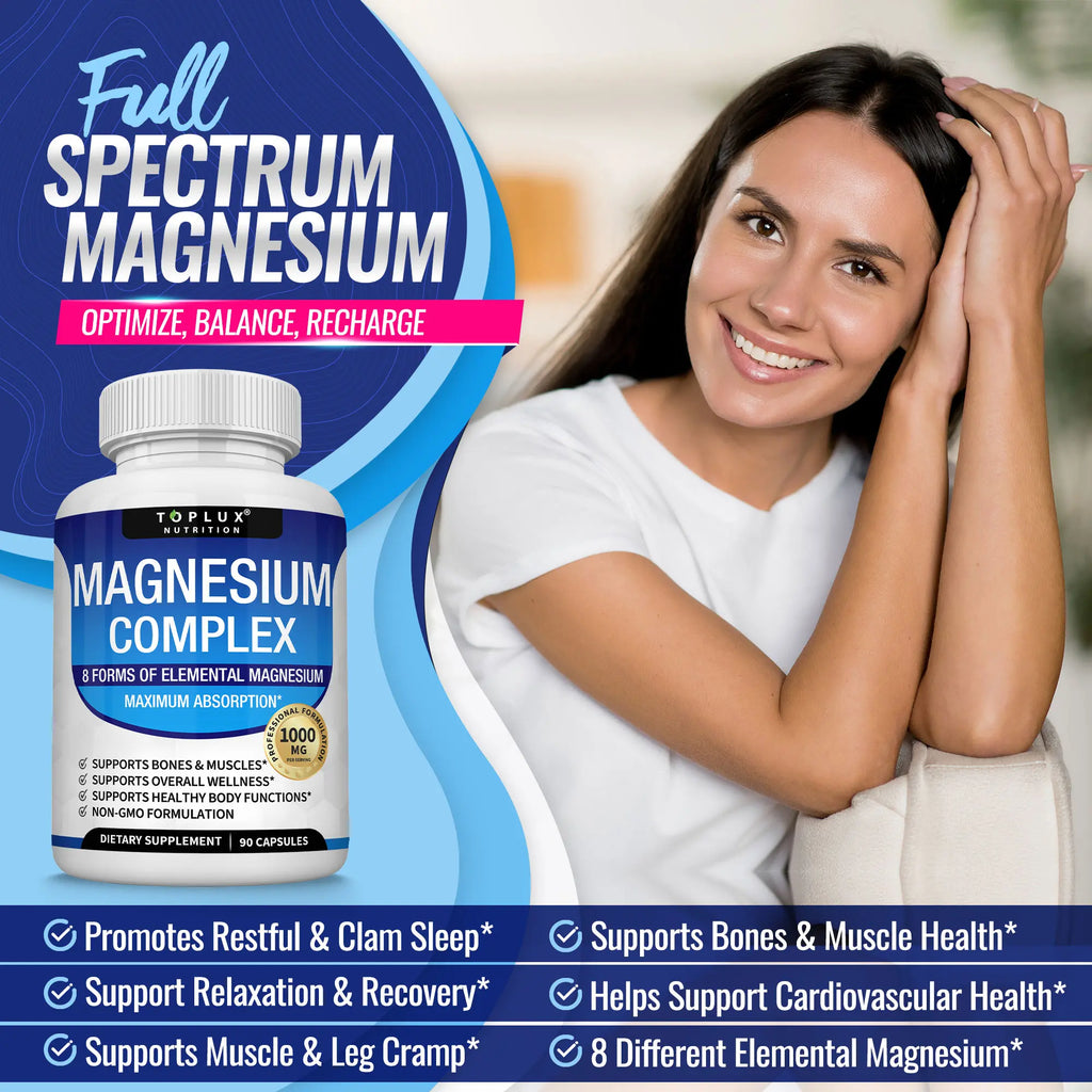 Elevate Your Wellness with Toplux Magnesium Complex - 8 Essential Magnesium Forms in One Powerful Capsule (1000mg)