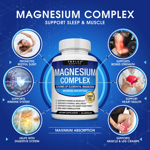 Elevate Your Wellness with Toplux Magnesium Complex - 8 Essential Magnesium Forms in One Powerful Capsule (1000mg)