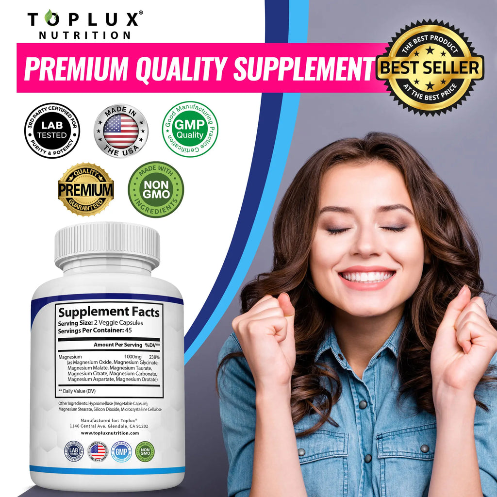 Elevate Your Wellness with Toplux Magnesium Complex - 8 Essential Magnesium Forms in One Powerful Capsule (1000mg)