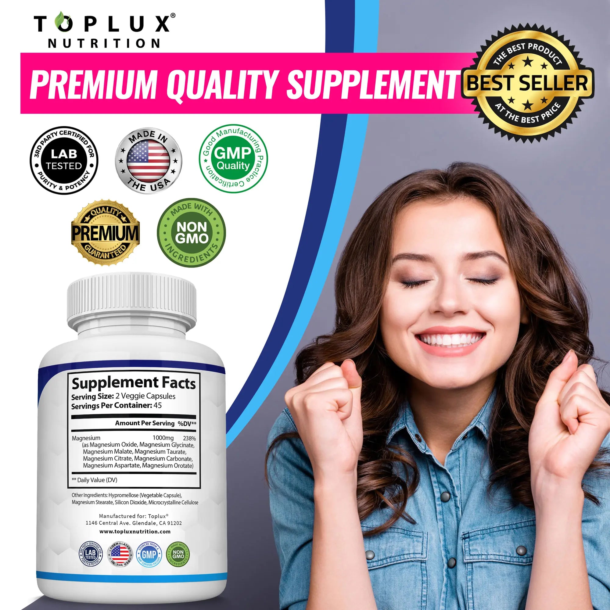Elevate Your Wellness with Toplux Magnesium Complex - 8 Essential Magnesium Forms in One Powerful Capsule (1000mg)
